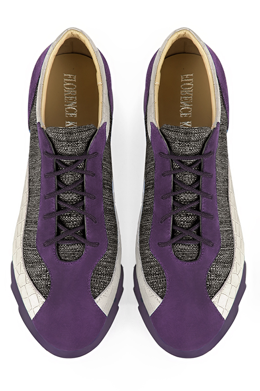 Amethyst purple, matt black and off white women's three-tone elegant sneakers. Round toe. Low rubber soles. Top view - Florence KOOIJMAN